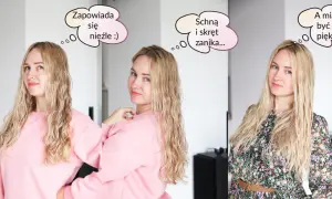 Kobieta z blond włosami w trzech ujęciach: z falami, znikającymi falami i prostymi włosami.