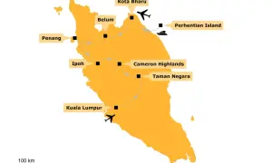Karte für eine Malaysia Rundreise auf eigene Faust: Route von Kuala Lumpur über Ipoh, Penang, Belum, Kota Bharu zu den Perhentian Islands, Cameron Highlands & Taman Negara.