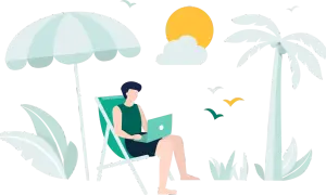 Mężczyzna pracuje na laptopie pod parasolem plażowym, marząc o wakacjach od ZUS 2026. Palmy i słońce dopełniają tropikalny klimat.