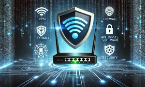 Router z tarczą Wi-Fi i ikonami bezpieczeństwa: VPN, Firewall, Antywirus, Security. Cyfrowy świat i kod w tle.