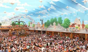 Folla festante in una tenda decorata con cielo azzurro e nuvole, un'autentica scena delle **tedesche Oktoberfest**.