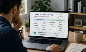 Uomo valuta su laptop la surroga mutuo dopo 6 mesi, confrontando offerte per risparmiare sulla rata mensile e sul costo totale.