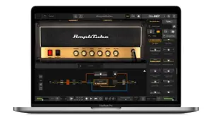 A MacBook Pro displays AmpliTube, a free amp simulator, showcasing a virtual guitar amp and effects chain.