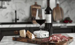 En flaska rött vin, ett glas vin och en ostbricka med brieost, salami och bröd. Perfekt för en mysig kväll.