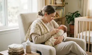 Mama tuli noworodka, otulonego w kocyk. Obok butelka i stosik ubranek. Idealny moment, kiedy robi się baby shower.