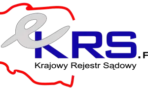 Logo KRS - Krajowy Rejestr Sądowy. Czerwony zarys Polski, szara litera "e" i niebieskie litery "KRS".
