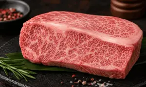 En rå, marmorerad köttbit, perfekt för medium rare. Rosmarin och pepparkorn ligger bredvid.