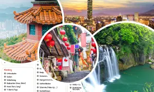Taiwan Reisetipps: Ein traditioneller Tempel, eine belebte Gasse mit roten Laternen und ein rauschender Wasserfall. Packen Sie Kleidung, Sonnencreme und mehr ein!
