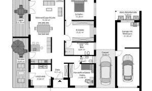 Grundriss eines 3 Zimmer Bungalows mit großzügigem Wohn-/Ess-/Küchenbereich, Schlafzimmer, Ankleide, Bad, WC, Diele, HAR/HWR, Terrasse, Loggia, Carport und Garage.