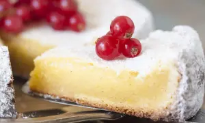 En bit vit kladdkaka, pudrad med florsocker och toppad med röda vinbär. En härlig dessert som smälter i munnen.
