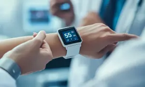 Biały smartwatch na nadgarstku pokazuje 55 uderzeń na minutę, monitorując tętno i puls.
