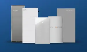 Cinco baterías de descarga profunda de diferentes marcas: EP Cube, Qcells, Tesla, Enphase y Evervolt, sobre fondo azul.