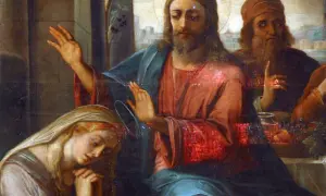 Maria Magdalena, u stóp Jezusa, symbolizuje oddanie i wiarę. Obraz ukazuje jej pokorę i miłość.