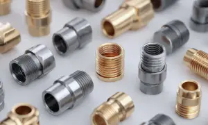 Różnorodne metalowe złączki hydrauliczne PEX, skręcane i zaciskane, w kolorze złotym i srebrnym.