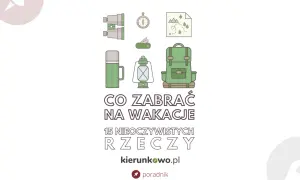 Co zabrać na wakacje? Ilustracja przedstawia plecak, lornetkę, termos, latarkę, kompas i mapę.