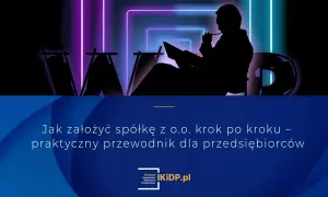 Sylwetka przedsiębiorcy pochylonego nad dokumentami, w tle neonowe kształty. Poradnik "Jak założyć spółkę z o.o." od IKIDP.pl.