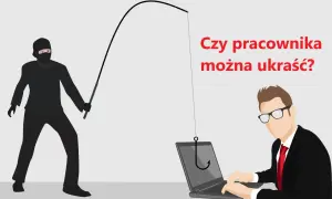 Złodziej w masce próbuje "ukraść" pracownika, który pracuje przy laptopie. Ilustracja symbolizuje nieuczciwą konkurencję i podkradanie talentów.