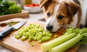 A curious dog sniffs chopped celery on a cutting board, wondering if dogs can eat celery raw.