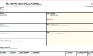 Międzynarodowy list przewozowy CMR z polami do wypełnienia danych nadawcy, odbiorcy, przewoźnika i szczegółów przesyłki.