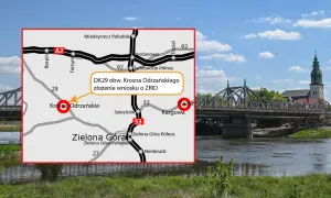 Mapa drogowa z zaznaczonym Krosnem Odrzańskim i informacją o DK29. Obok most w budowie i wieża kościelna. Sprawdź krosno odrzańskie pogoda na 10 dni.