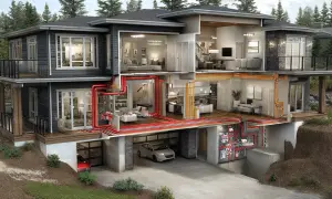 Genomskärning av ett modernt hus som visar ventilationssystemet med röd och orange utgående luft som distribueras genom väggar och golv.