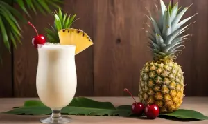 Pina colada przepis: kremowy koktajl z ananasem, wiśnią i liśćmi palmowymi. Idealny na tropikalne wakacje.