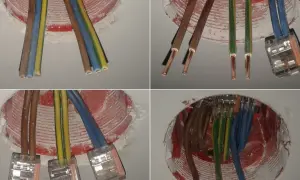 Pokazano, jak łączyć przewody w puszce pod oświetlenie, używając szybkozłączek do połączeń elektrycznych.