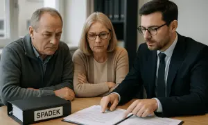 Prawnik wyjaśnia starszemu małżeństwu kwestie spadkowe. Rozmawiają o tym, kto dziedziczy po dziecku.