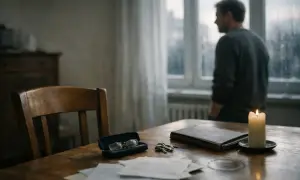Na stole leżą dokumenty, klucze i okulary. Mężczyzna stoi przy oknie. Czy postępowanie spadkowe jest obowiązkowe?