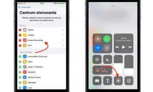 iPhone z włączonym nagrywaniem ekranu. Na lewym ekranie widać ustawienia Centrum sterowania, gdzie zaznaczono "Screen Recording". Prawy ekran pokazuje Centrum sterowania z aktywną funkcją nagrywania.