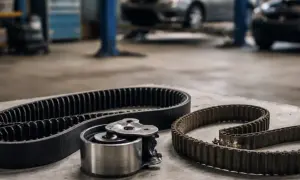 Deux courroies de distribution et un galet tendeur, prêts pour une kit distribution dans un atelier automobile.