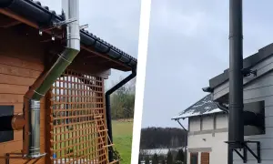 Dwa domy z zainstalowanymi systemami kominowymi. Po lewej błyszczący komin systemowy bez pozwolenia, po prawej czarny.