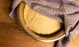Ein goldgelber Pizzateig ruht in einer Schüssel, bedeckt mit einem karierten Tuch. Seine weiche, elastische pizzateig konsistenz verspricht eine köstliche Pizza.