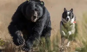 Czarny niedźwiedź z kolczykami na uszach biegnie obok karelskiego psa na niedźwiedzie, który go goni.