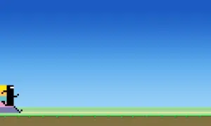 Czarna postać w stylu pixel art biegnie po tęczowych platformach. Klasyczne gry mobilne.