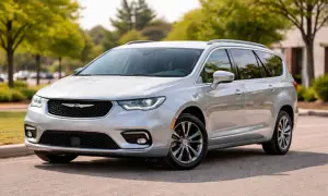Srebrny Chrysler Pacifica na tle zieleni. Zastanawiasz się, jaki silnik wybrać do tego rodzinnego vana?