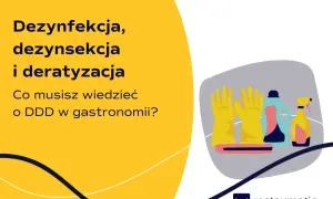 Żółte rękawice, butelki z płynem i sprayem symbolizują mycie i dezynfekcję. Tekst informuje o DDD w gastronomii.