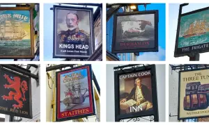 Carteles de pubs con nombres ingleses antiguos elegantes: The Ship, Kings Head, Durham Ox, The Frigate, The Red Lion, Royal George, Captain Cook, The Three Tuns.
