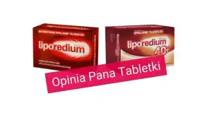 Dwa opakowania suplementu diety Liporedium, który jest lekiem na odchudzanie. Na pierwszym planie różowy pasek z napisem "Opinia Pana Tabletki".