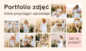 Portfolio zdjęć rodzinnych w plenerze. Uśmiechnięte dzieci i rodzice w białych strojach na tle kwitnącej łąki.