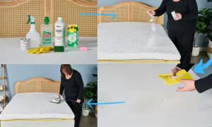Cleaning a mattress topper that smells like sweat. Baking soda is sprinkled on, then a damp cloth is used to clean.