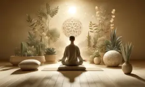 Personne en posture de lotus, entourée de plantes, méditant avec un mantra. Lumière douce, ambiance sereine.