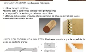 Juntas de madera: entarugada con tarugos estriados y con esquina a inglete, mostrando uniones resistentes.