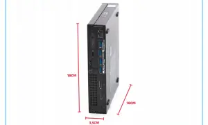 Kompaktowy komputer Dell Optiplex 790, wymiary 18x18x3,5 cm, z portami USB i HDMI.