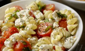 Salade de pâtes froides avec tomates cerises, mozzarella et basilic, assaisonnée d'une vinaigrette légère. Un délice estival.