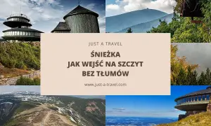 Widoki z szlaku na Śnieżkę: obserwatorium, drewniana wieża, góry, jesienne drzewa i panorama z lotu ptaka.