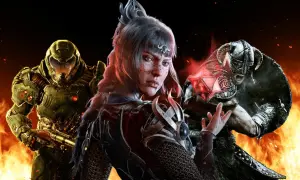 Postacie z gier: Doom Slayer, wojowniczka z magicznym artefaktem i wojownik z Skyrim. Idealni kompani do gier offline.