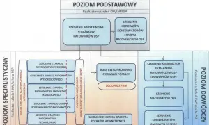 Schemat szkoleń OSP: poziom podstawowy, specjalistyczny i dowódczy. Dowódca OSP może ukończyć szkolenie kierujących działaniem ratowniczym.