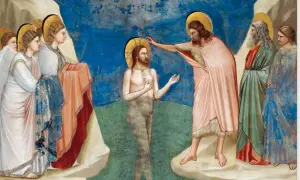 Dopet av Jesus. En viktig händelse som visar hur blir man kristen. Johannes Döparen döper Jesus i Jordanfloden.