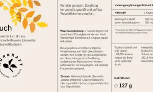 Weihrauch-Kapseln: 180 Stück, vegan. Empfehlung: 2 Kapseln täglich mit Flüssigkeit einnehmen, um Weihrauch einzunehmen.